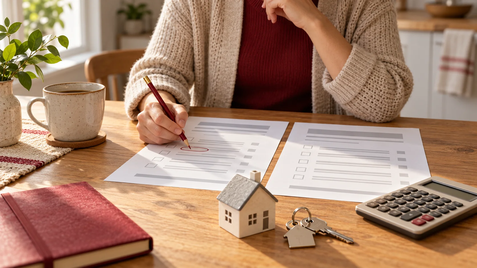 Illustration of a homeowner comparing mortgage documents beside house keys and a calculator.